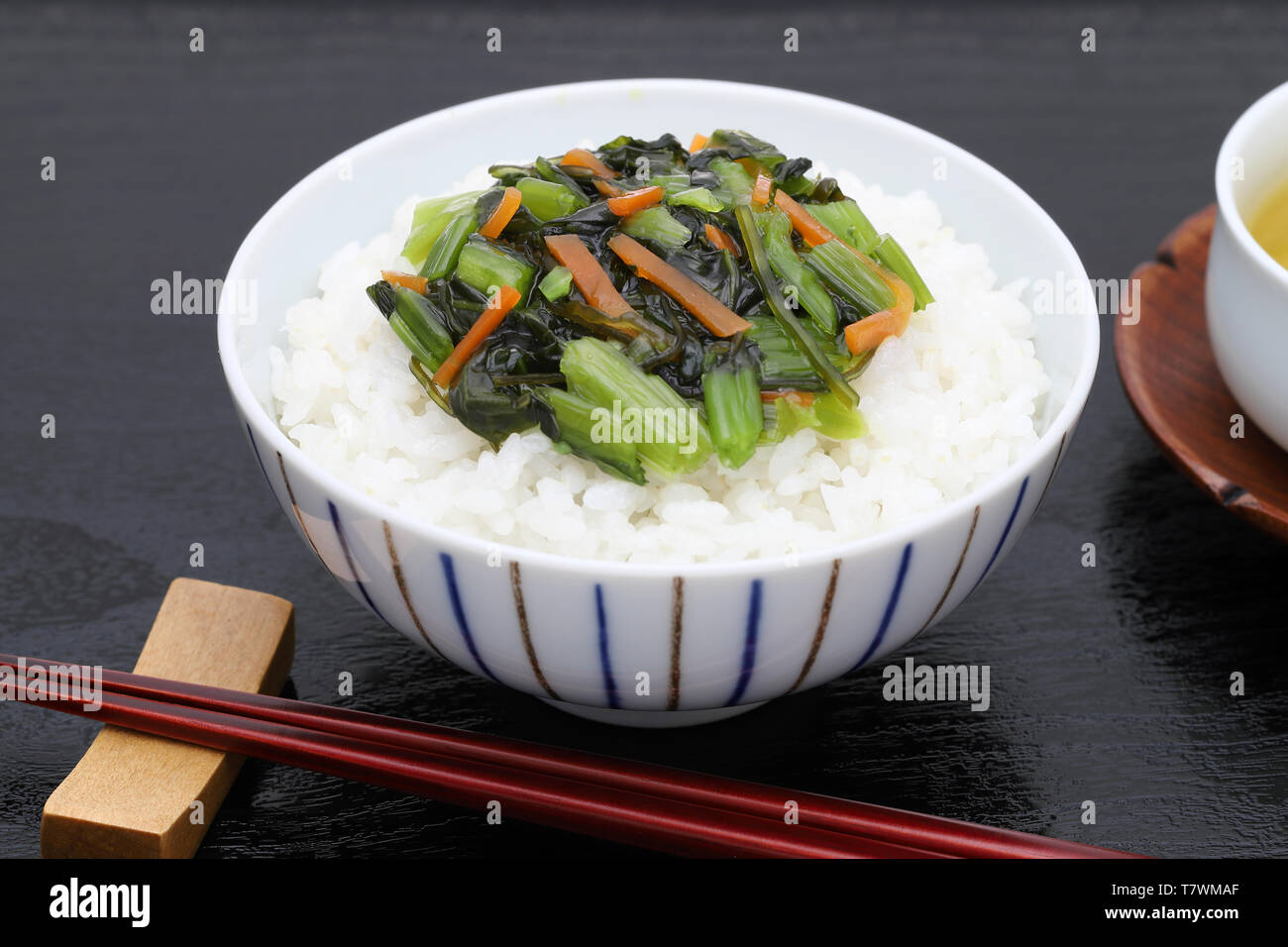 Japanese cooked rice with nozawana vegetable Stock Photo