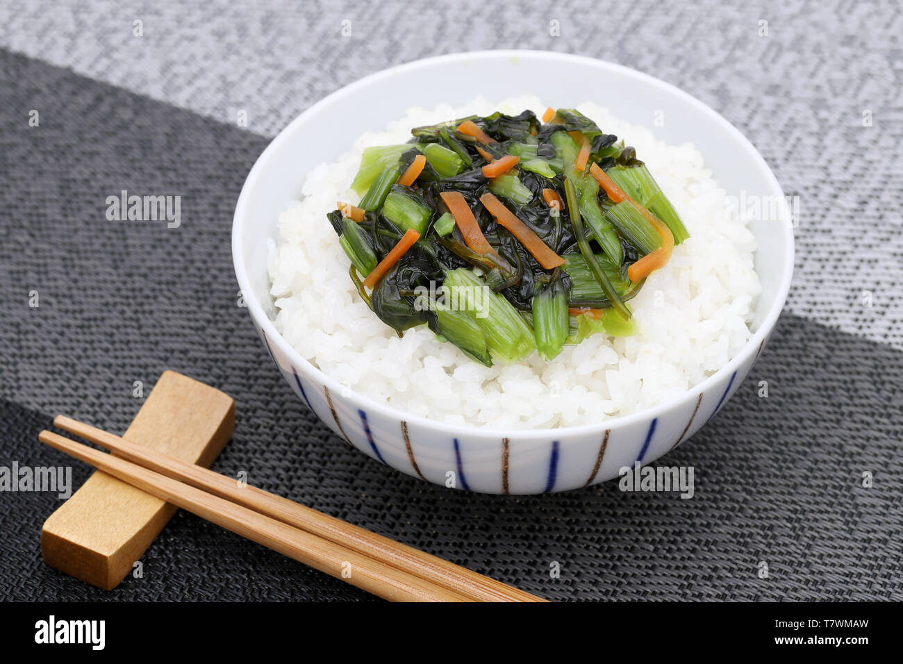 Japanese cooked rice with nozawana vegetable Stock Photo