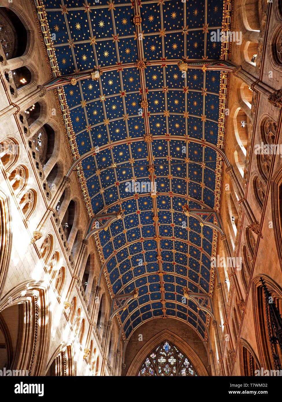 View Of Blue Barrel Vaulted Wooden Ceiling Decorated With