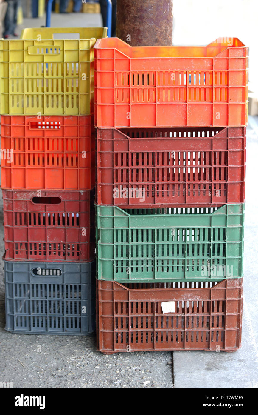 Plastic Crates Stack for Produce at Farmers Market Stock Photo Alamy
