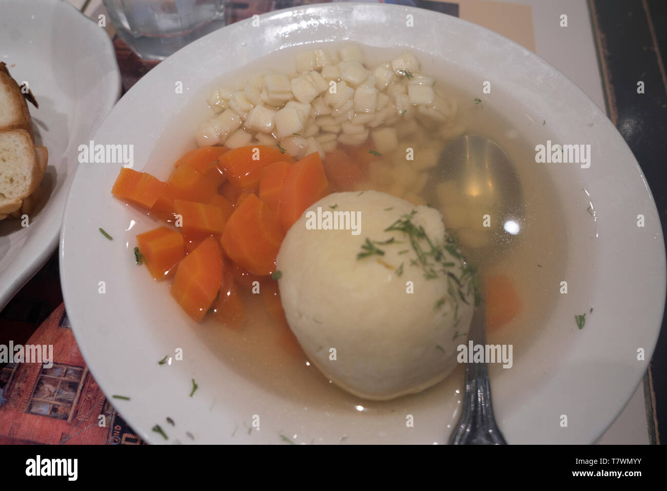 Matzoh ball soup at the 2nd Avenue Deli on Manhattan’s Upper East Side. Stock Photo