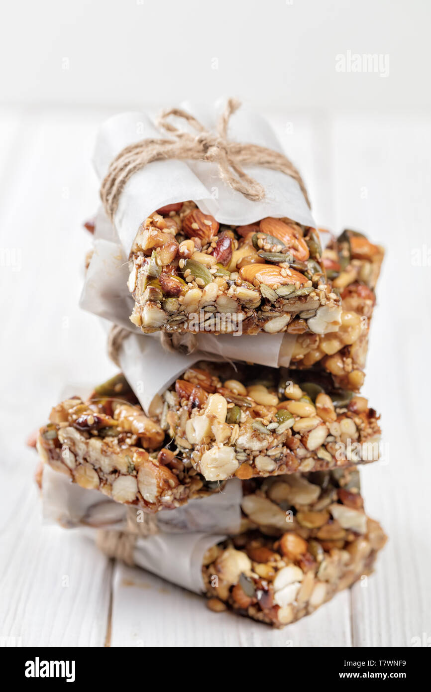 Homemade Superfood breakfast bars with roasted nuts as almond, cashew