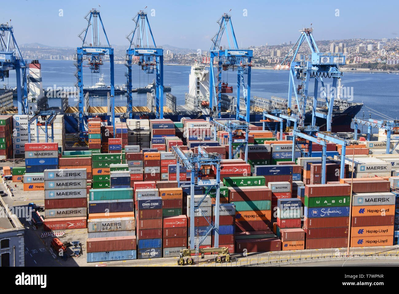 Colorful shipping containers in the port of Valparaiso, Chile Stock