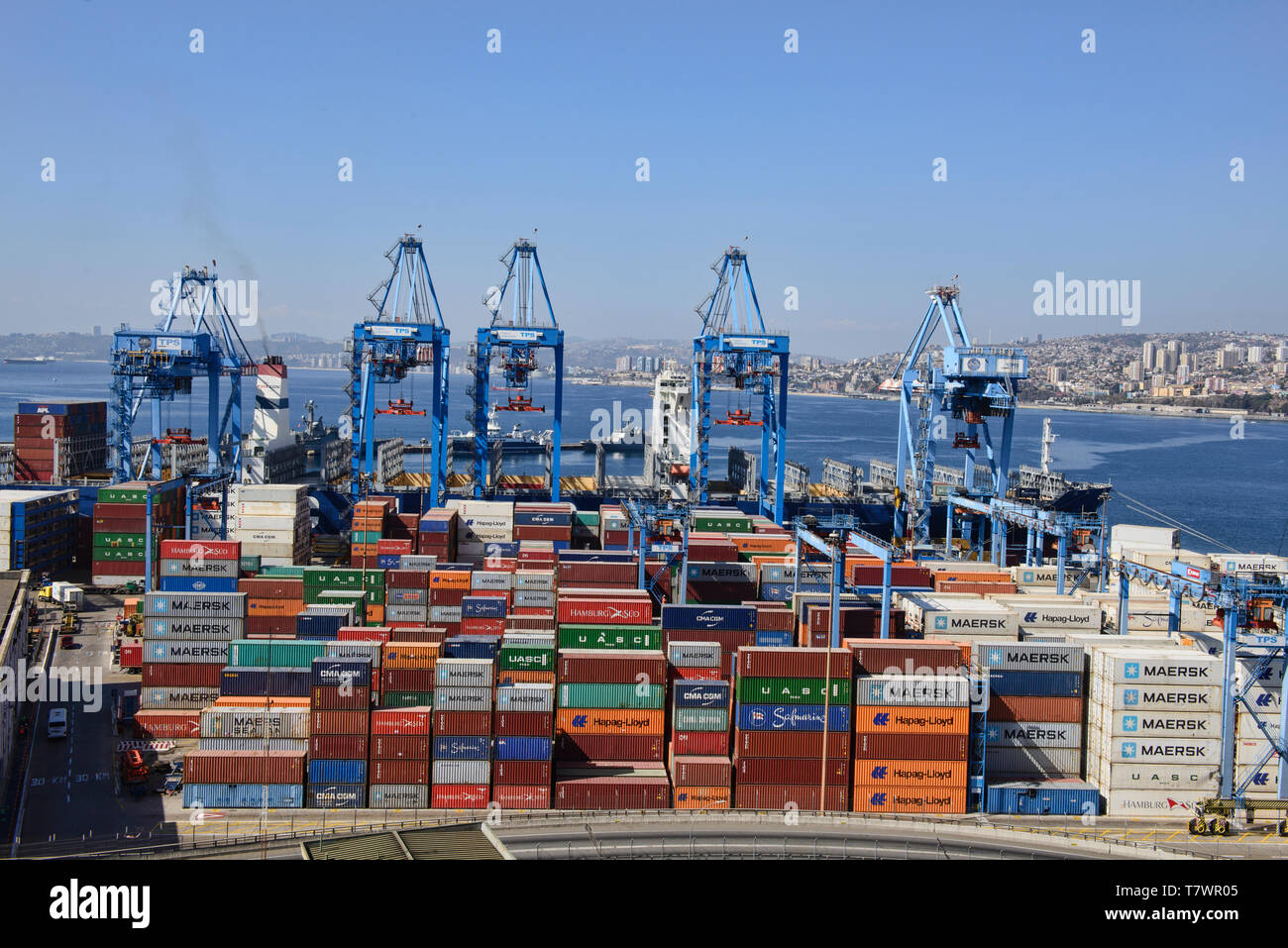 Colorful shipping containers in the port of Valparaiso, Chile Stock