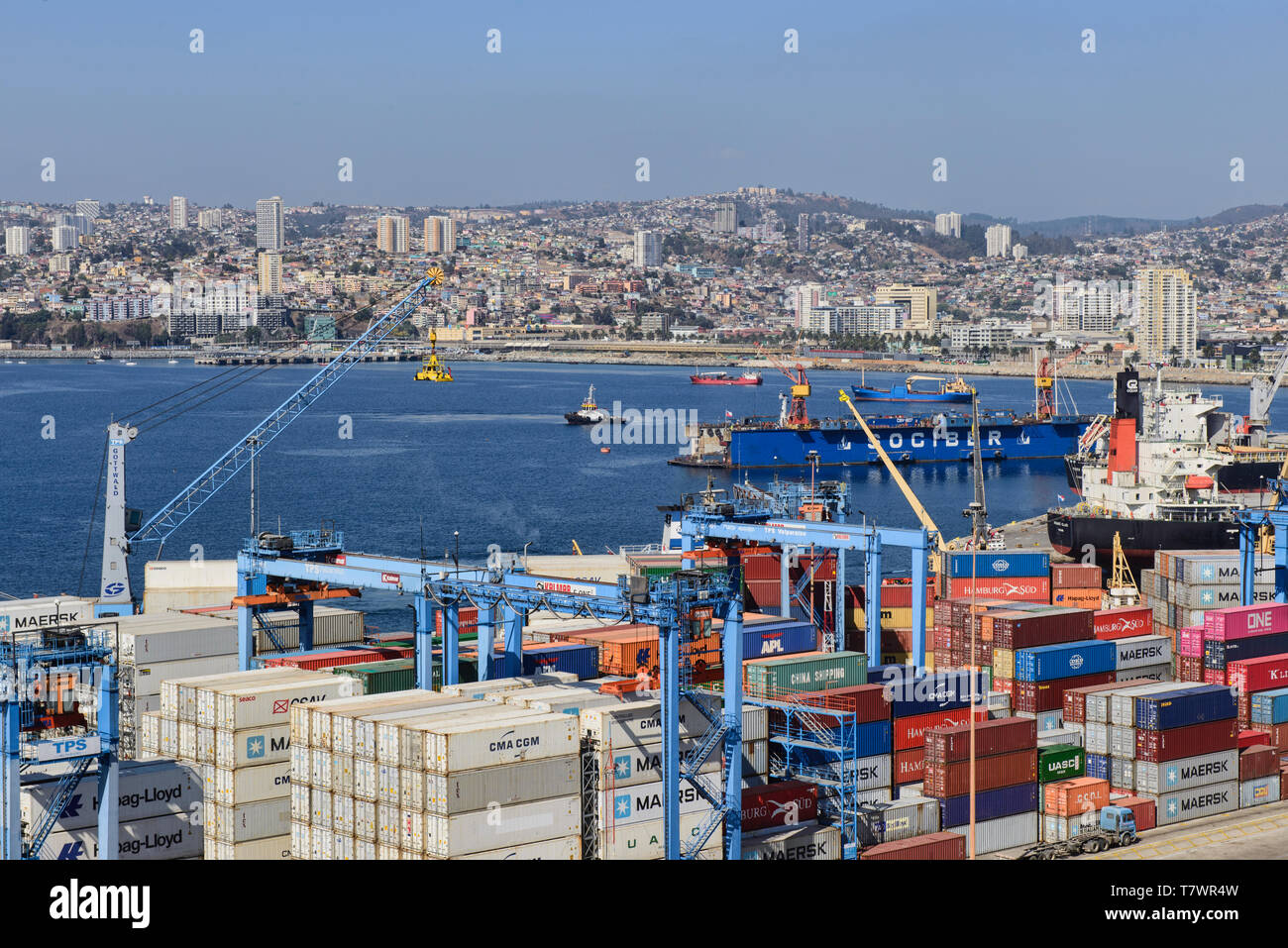 Colorful shipping containers in the port of Valparaiso, Chile Stock