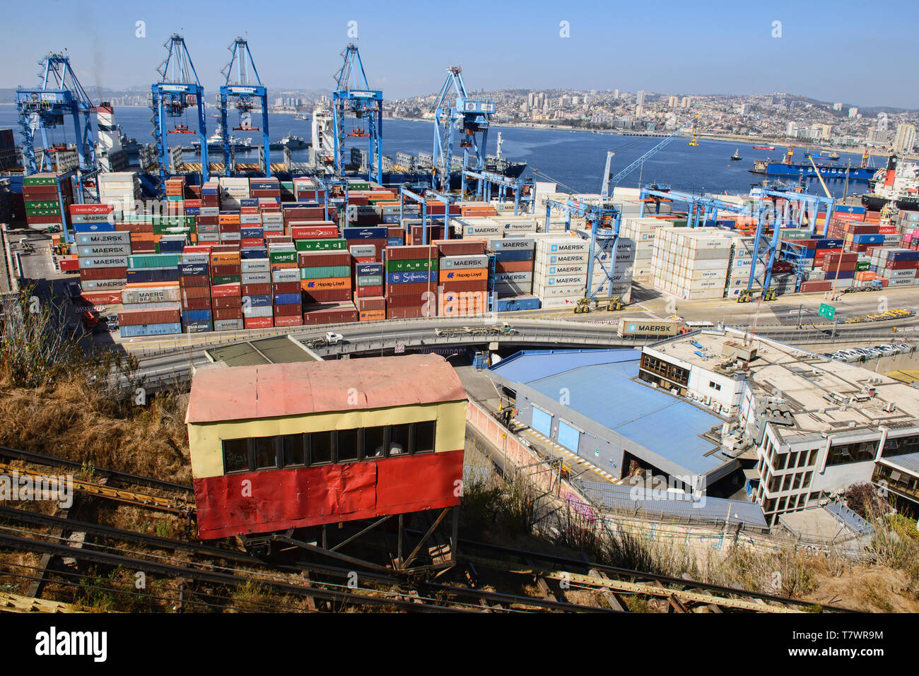 Colorful shipping containers in the port of Valparaiso, Chile Stock