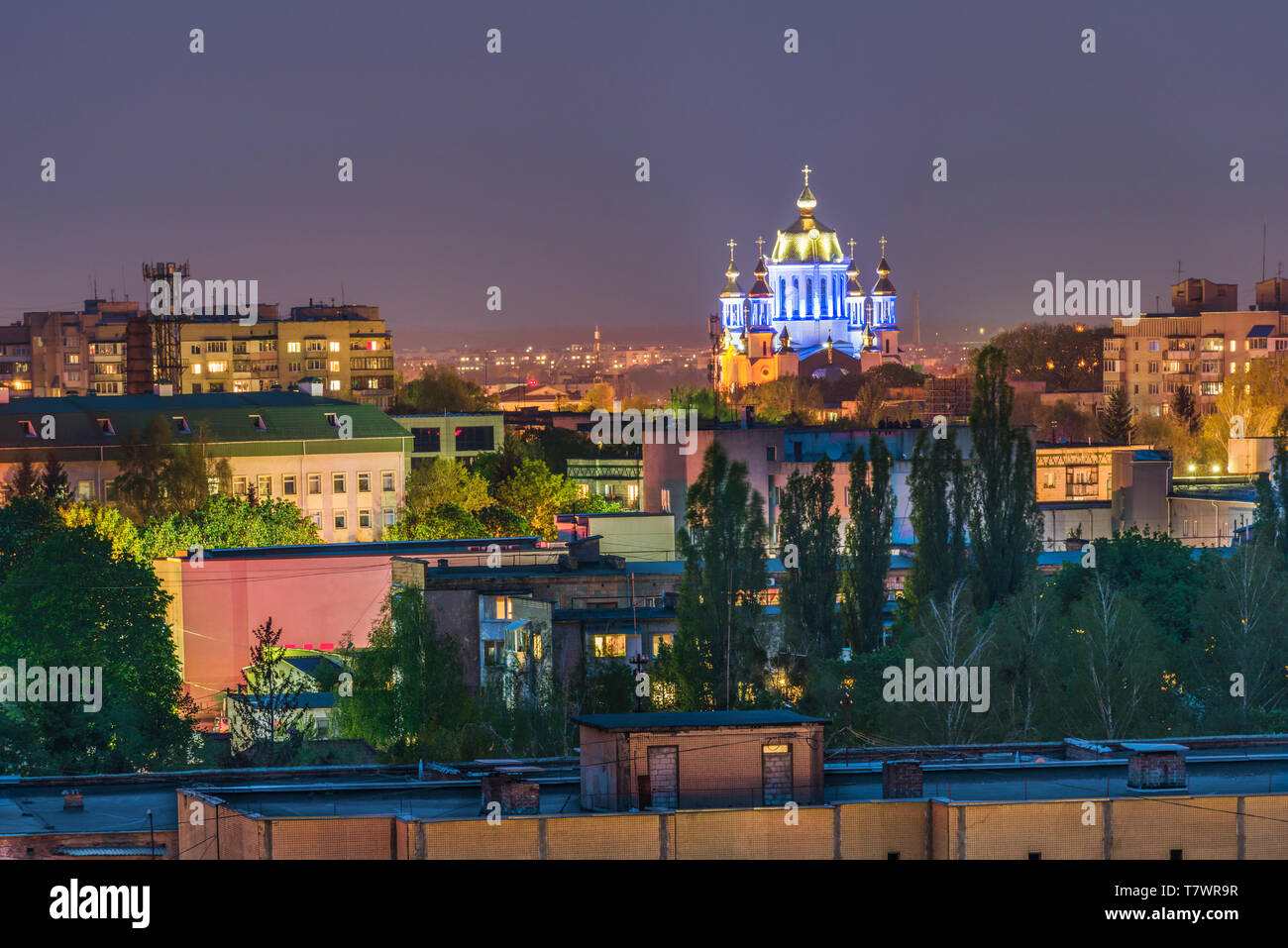The evening view of the Pokrovsky Cathedral of the city of Rivne, Ukraine is a wonderful pearl of temple architecture, which has become a real embodim Stock Photo