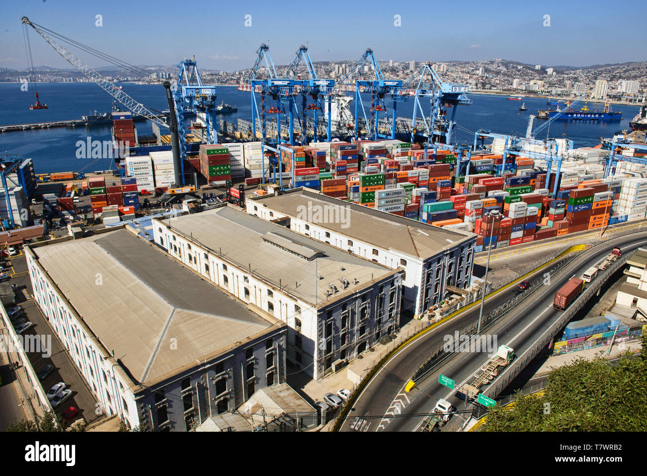 Colorful shipping containers in the port of Valparaiso, Chile Stock