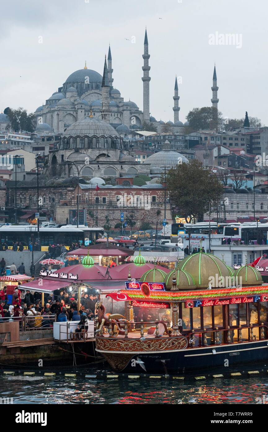 Turkey Istanbul Eminonu District The Historical Centre Listed As World Heritage By The Unesco Restaurants On The Golden Horn Strait In The Background Suleymaniye Mosque Stock Photo Alamy