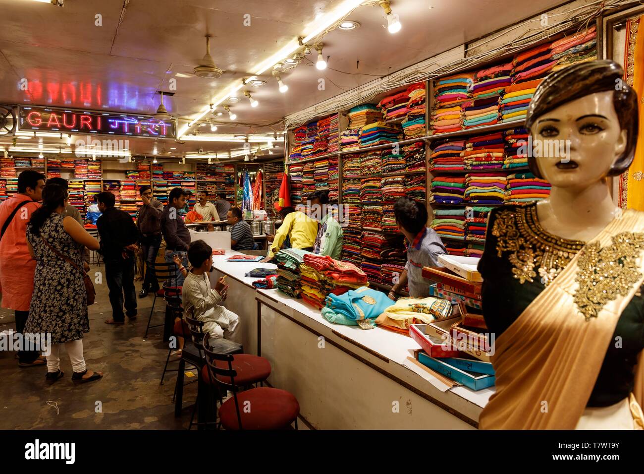 India, Uttar Pradesh, Varanasi, saris shop Stock Photo