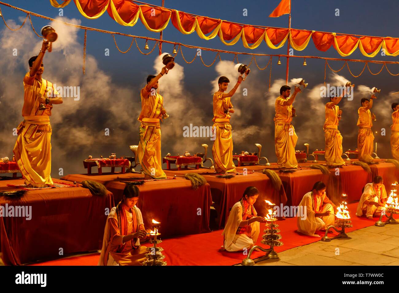 India, Uttar Pradesh, Varanasi, Ganga Aarti ceremony at Dashashwamedh