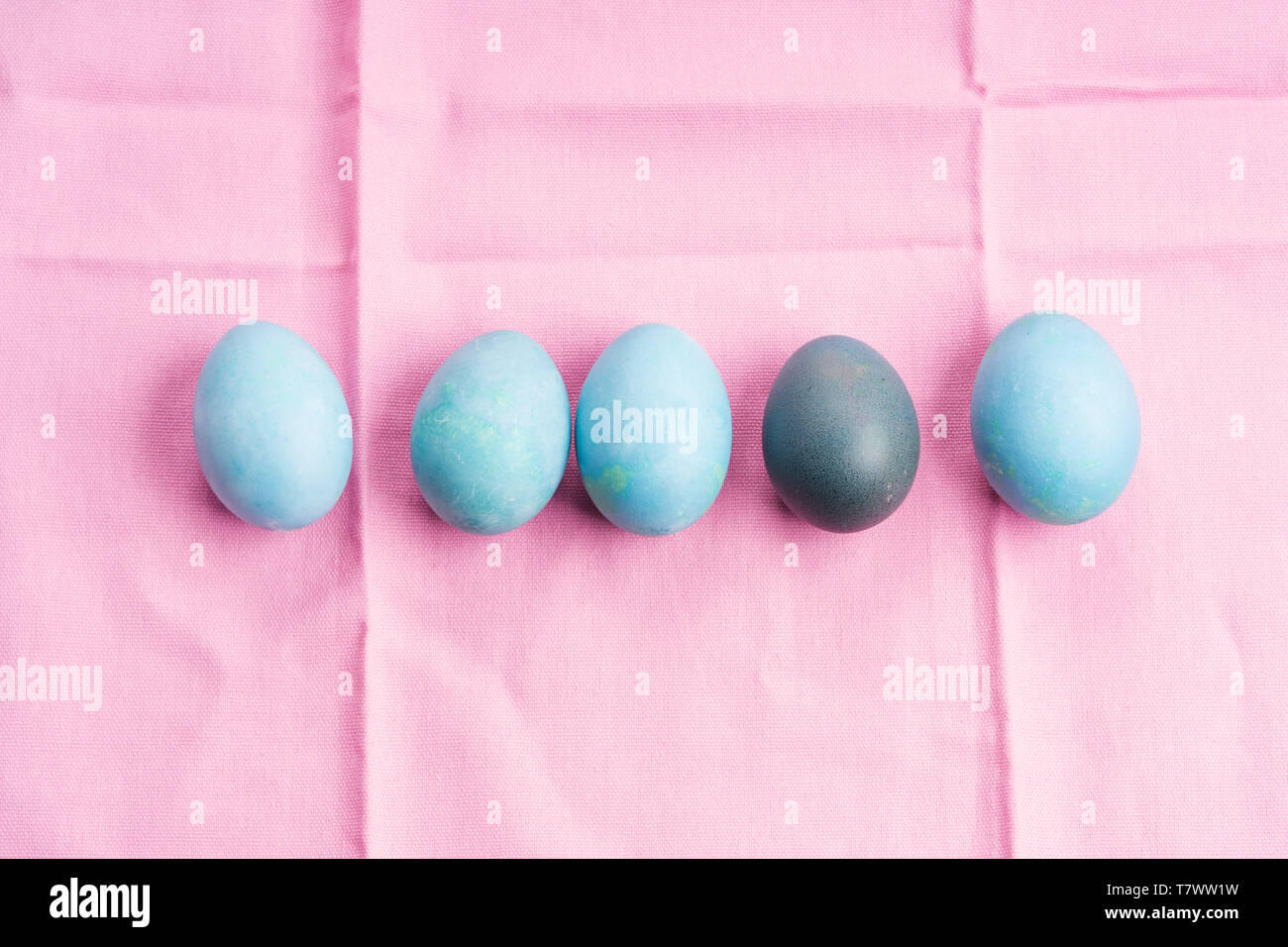 Colorful blue boiled easter eggs in a nest on pastel pink background ...