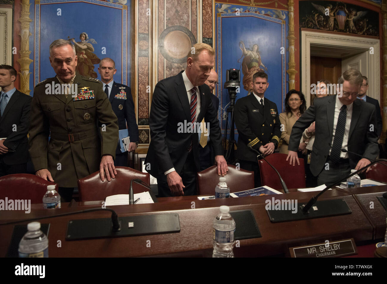 From left, the chairman of the Joint Chiefs of Staff, Marine Corps Gen. Joseph F. Dunford Jr., U.S. Acting Secretary of Defense Patrick M. Shanahan, and Under Secretary of Defense (Comptroller) / Chief Financial Officer David L. Norquist appear before the Senate Appropriations Defense Subcommittee for a defense budget hearing, Washington, D.C., May 8, 2019. (DoD photo by Lisa Ferdinando) Stock Photo