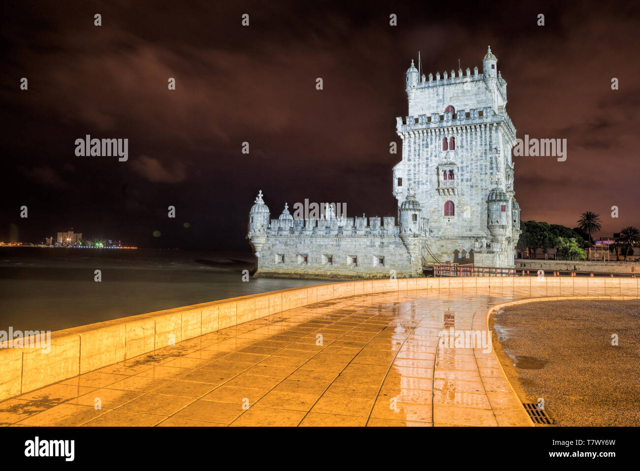 View of the belem tower at night  , an historical monument in Lisbon, Portugal, Europe Stock Photo