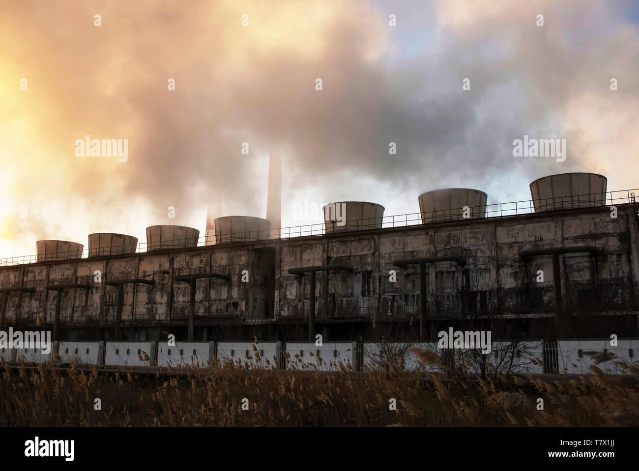 Chemical plant cooling towers steam at sunrise in winter. Stock Photo