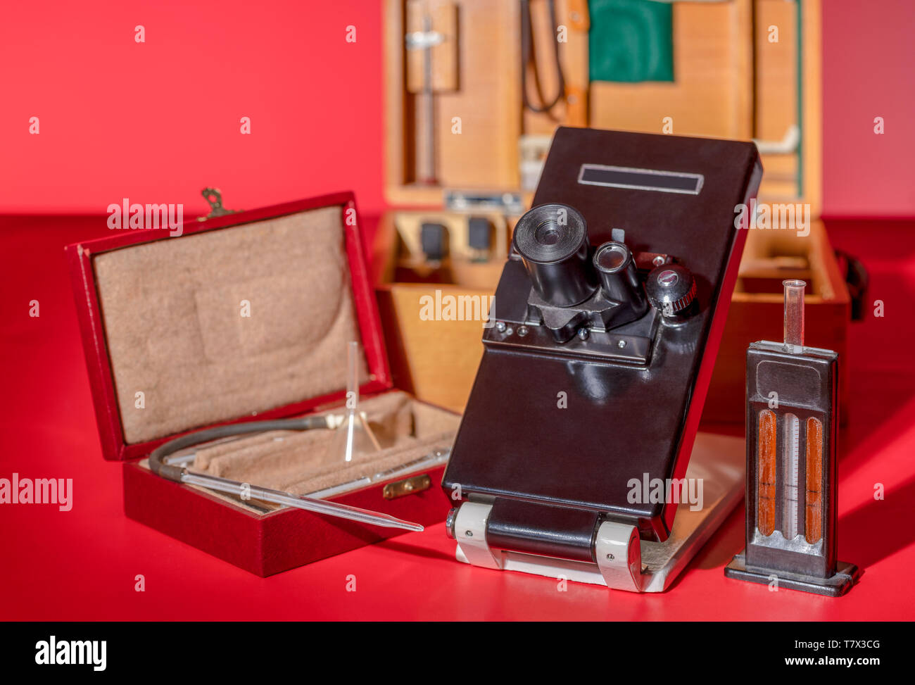 set of historic medical instruments used for blood analysis in red back ...