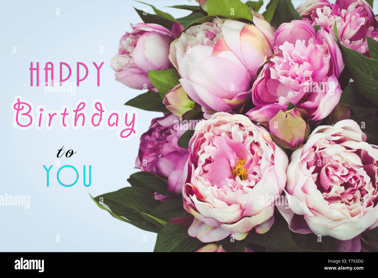 Happy Birthday text card with pink Peony flowers. Blue background Stock