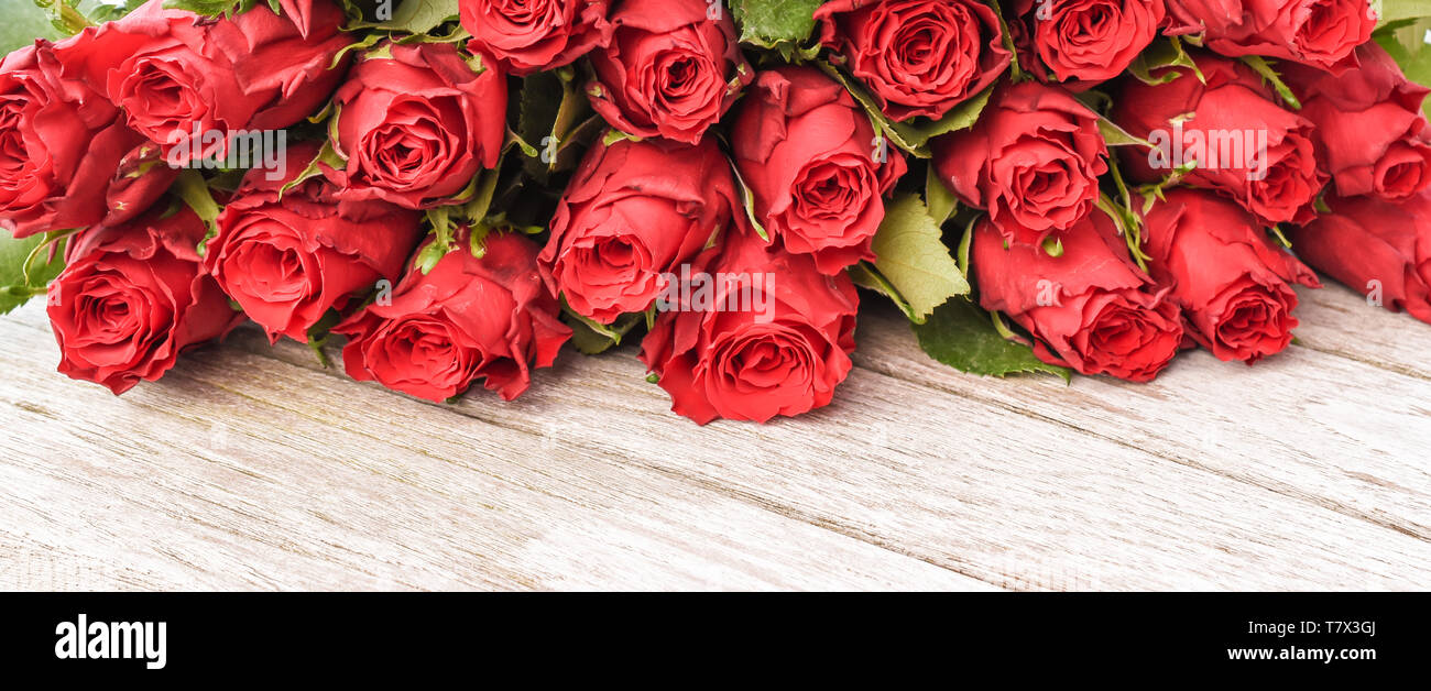 Red roses border. Valentines day concept. Stock Photo