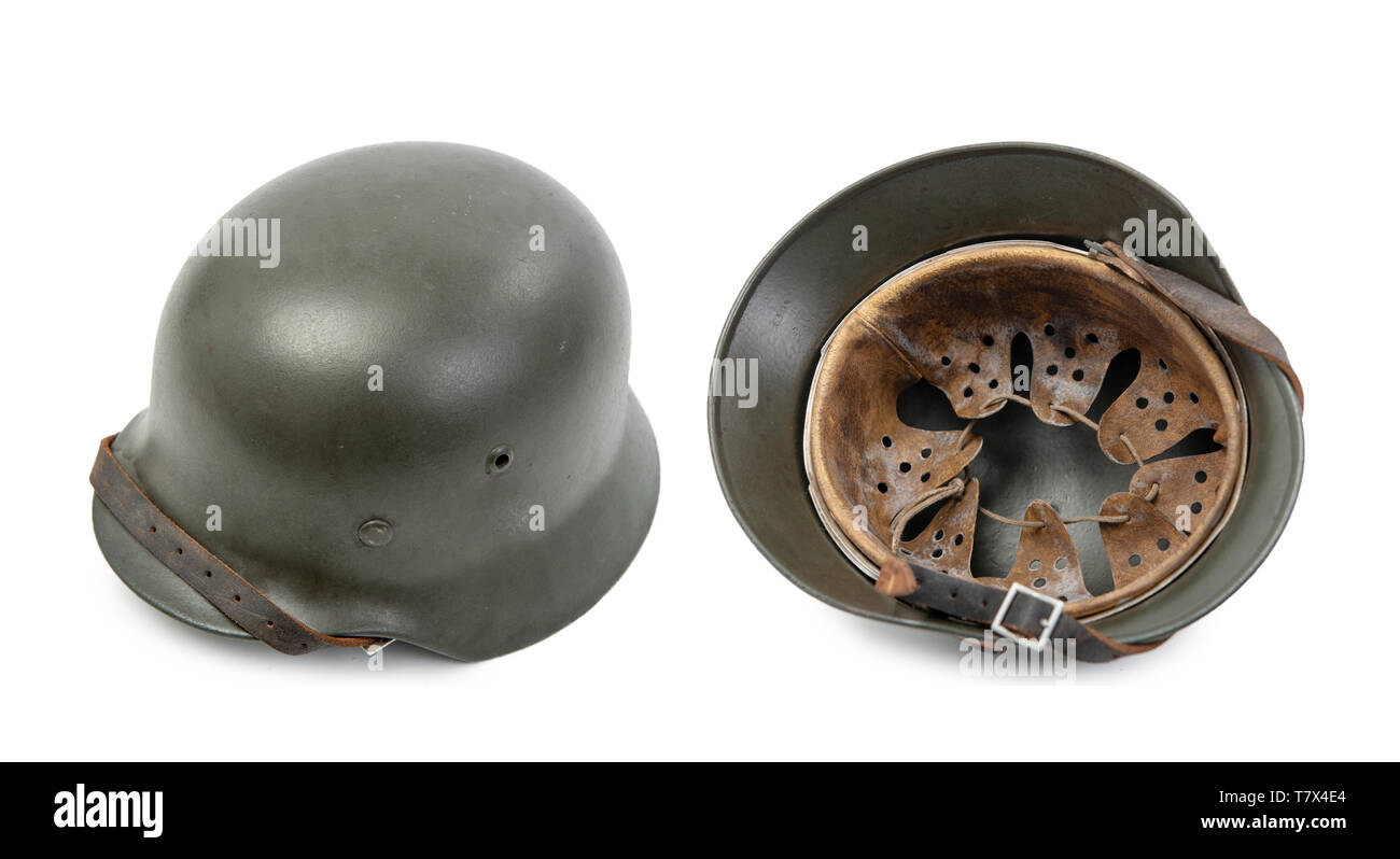 a German World War Two (Stahlhelm M1942) military helmet, Normandy 1944 Stock Photo