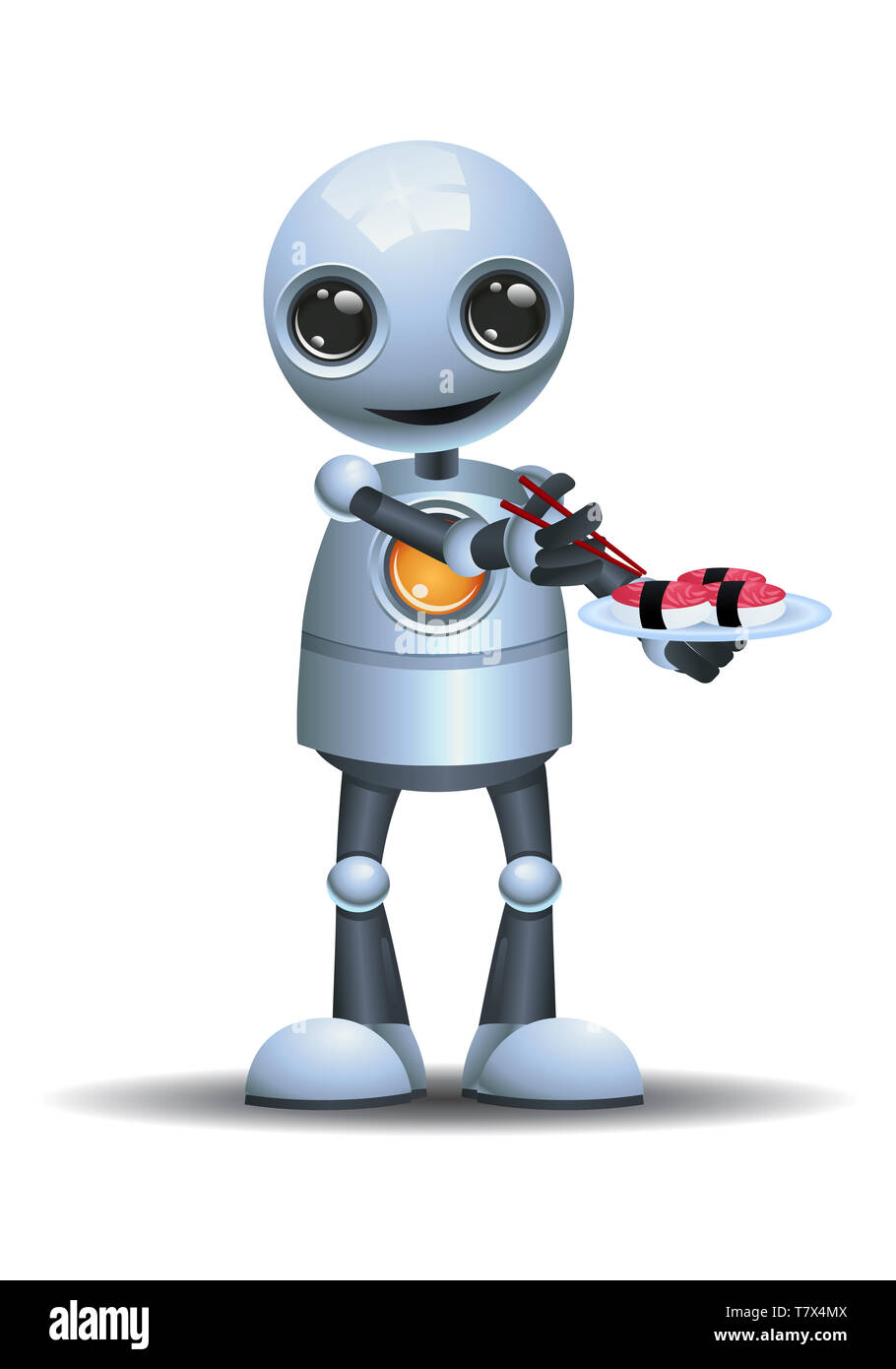 illustration of a little robot eating sushi on isolated white