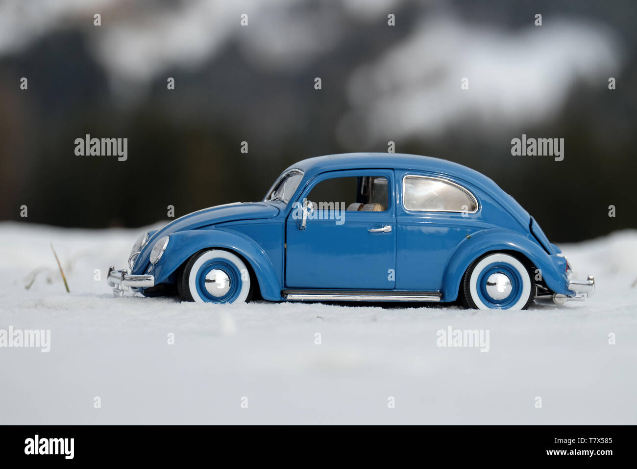 BLUE OLDTIMER & WHITE SNOW Stock Photo