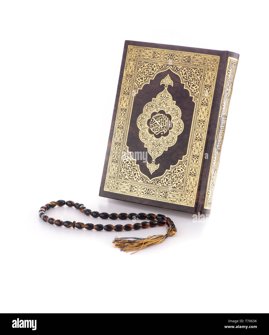 Holy Quran Book and Rosary Isolated on Blank White Background Stock Photo