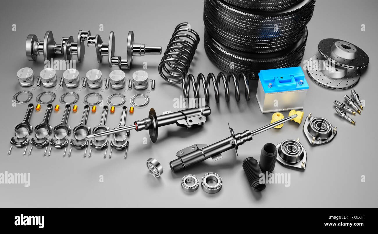 Auto parts spare parts car on the grey background. Set with many new items  for shop or aftermarket. Auto parts for car. 3D rendering Stock Photo -  Alamy
