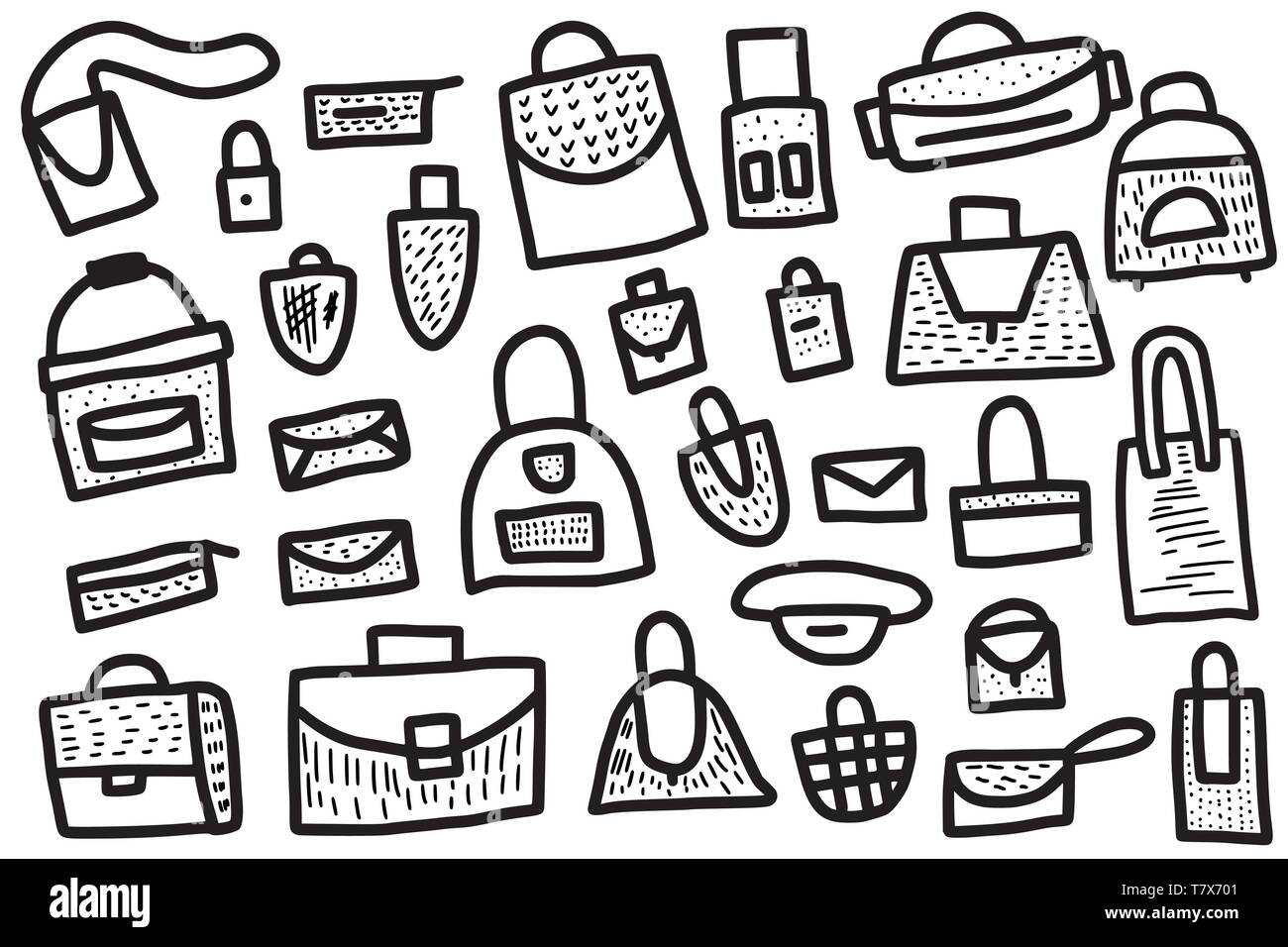 Set of bags in doodle style. Hand drawn woman accessories collection