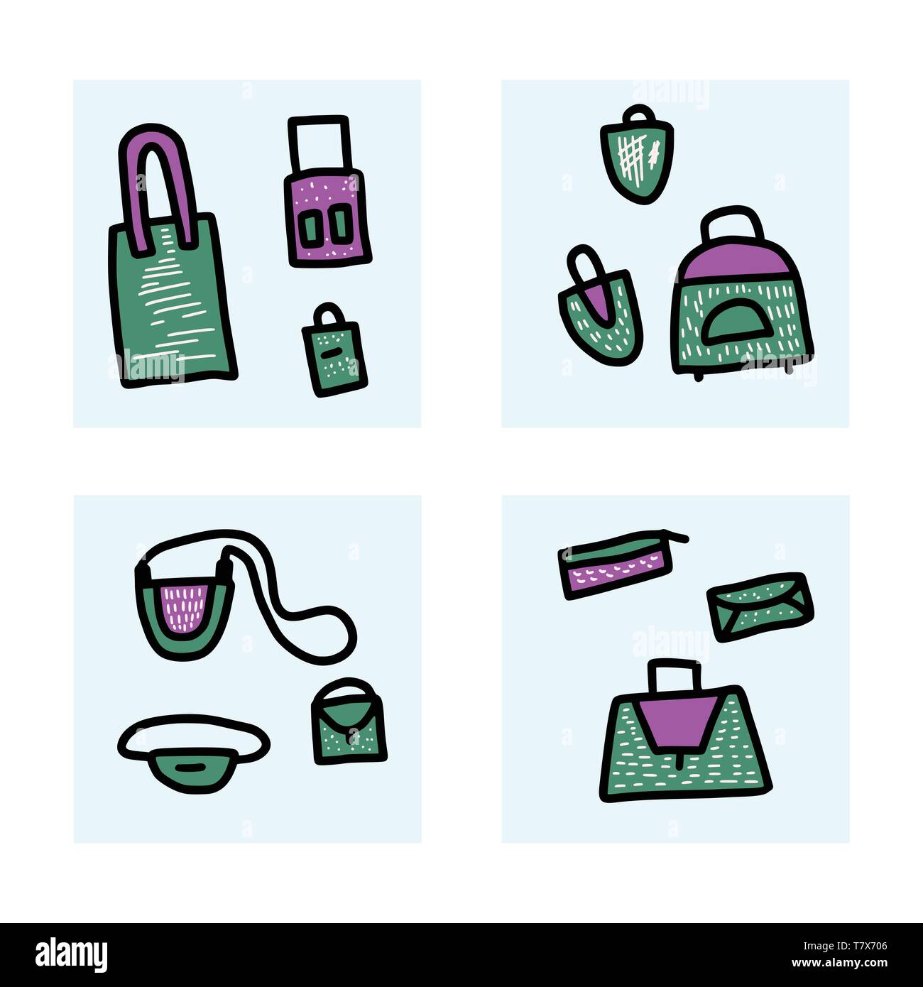 Set of bags in doodle style. Hand drawn woman accessories. Vector color ...