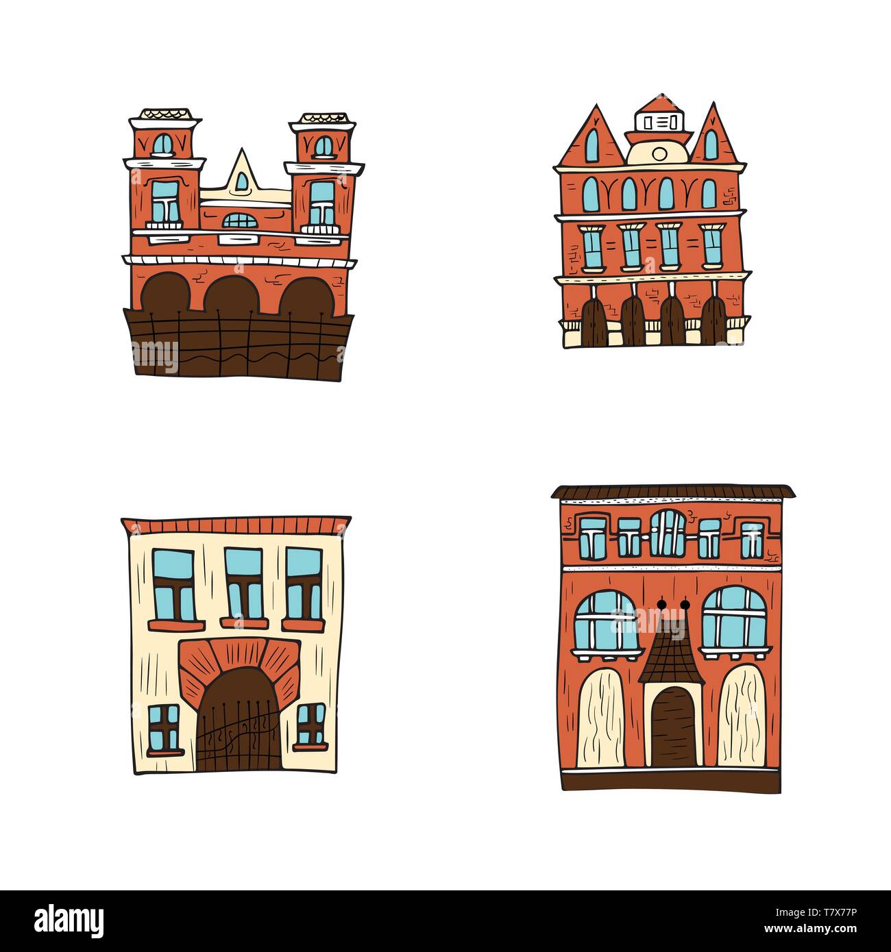 Set of vector houses in doodle style. Collection of buildings isolated ...