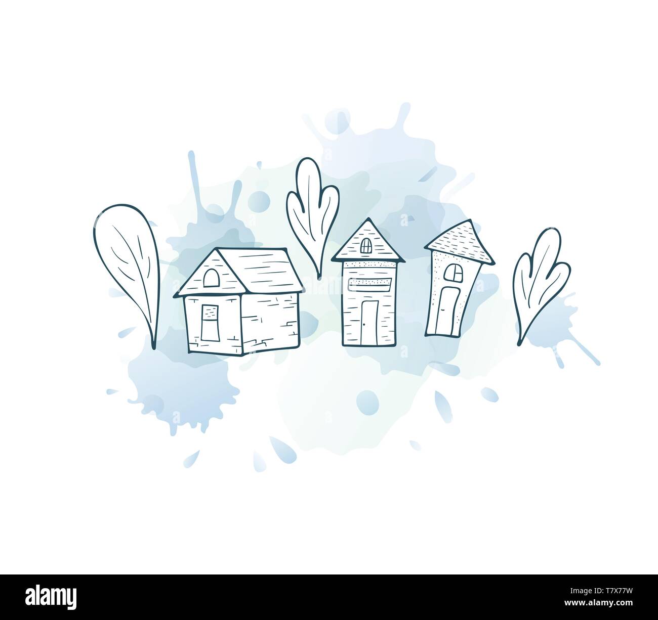 Set of vector houses, trees. Composition in doodle style with ...