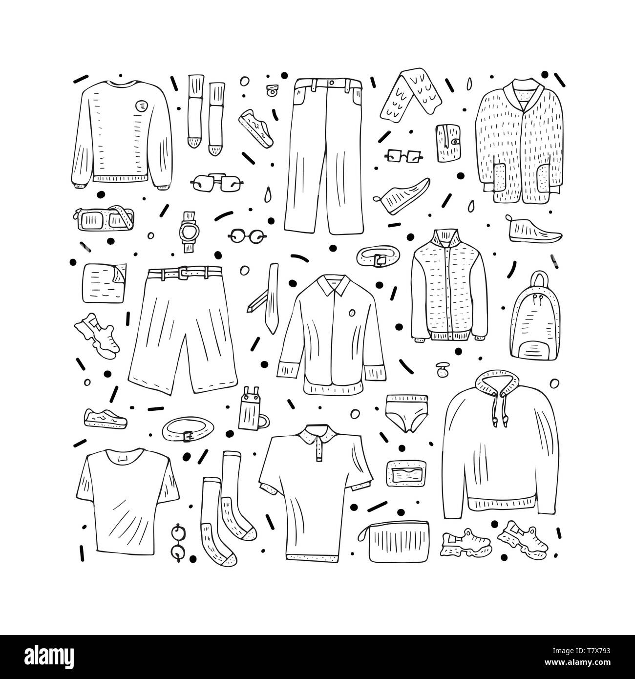Men apparel and accessories set in doodle style. Collection of male