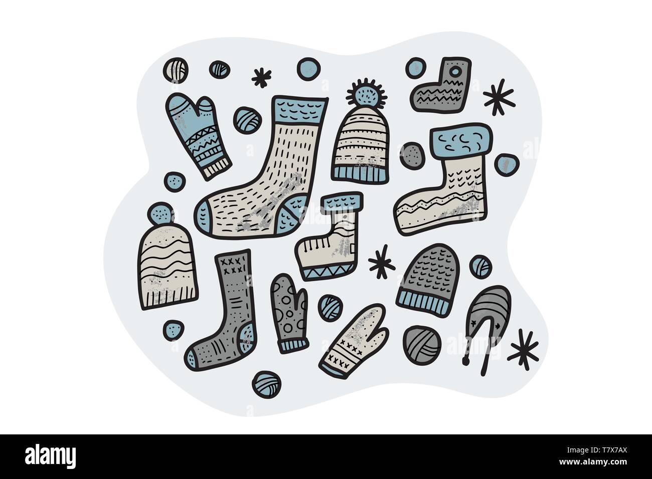 Warm socks, beanies set. Vector composition with warm knitted clothes. Stock Vector