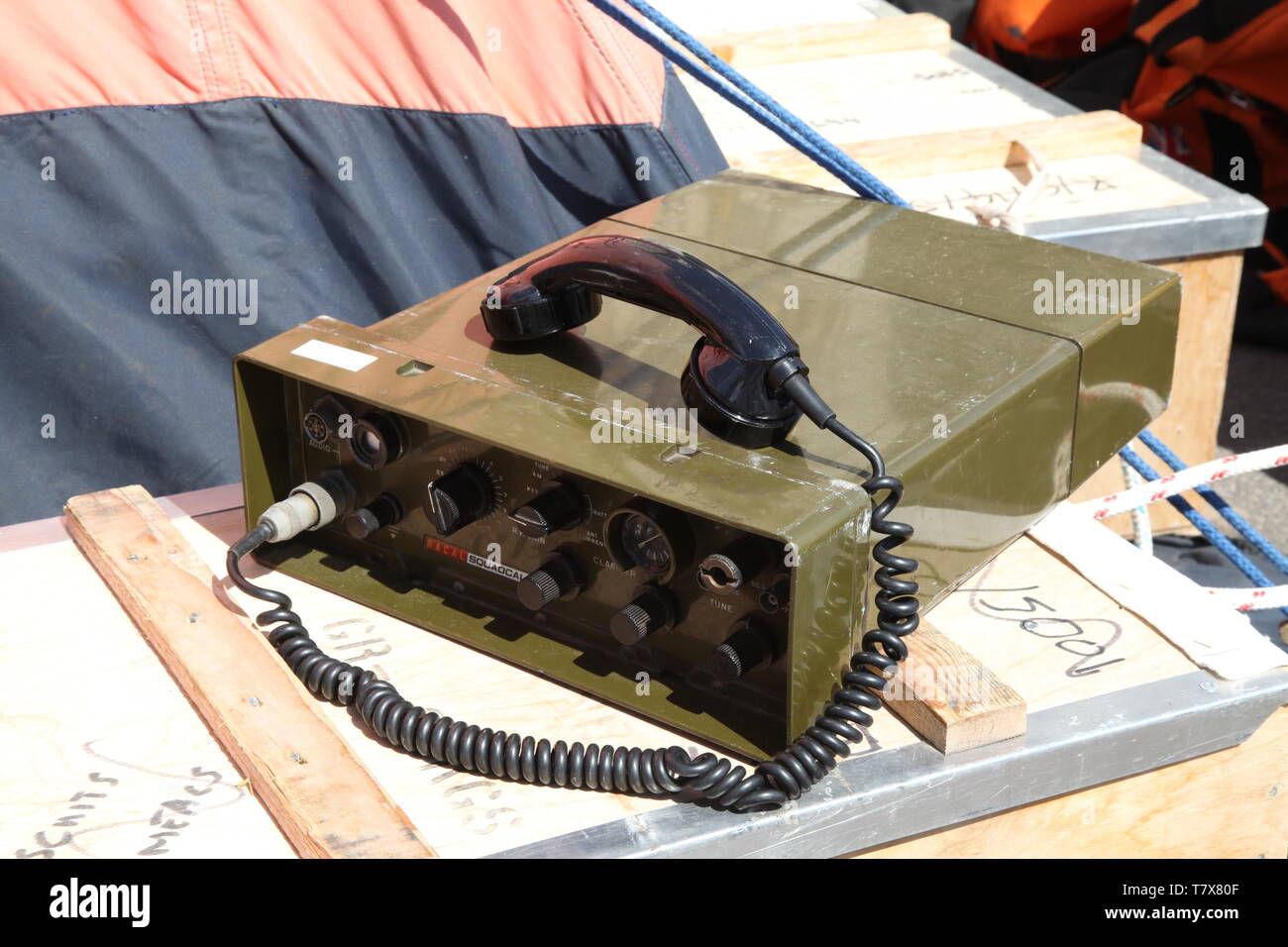 Racal TRA 906 Squadcal military transceiver radio with handset in day Stock Photo