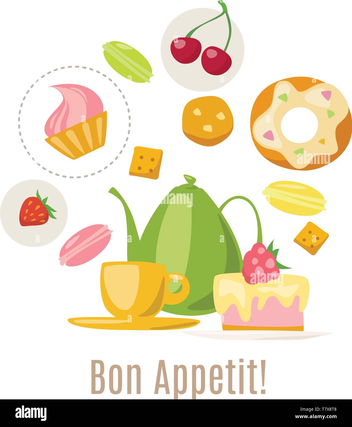 Tea illustration design with tea cup and sweets elements Stock Vector
