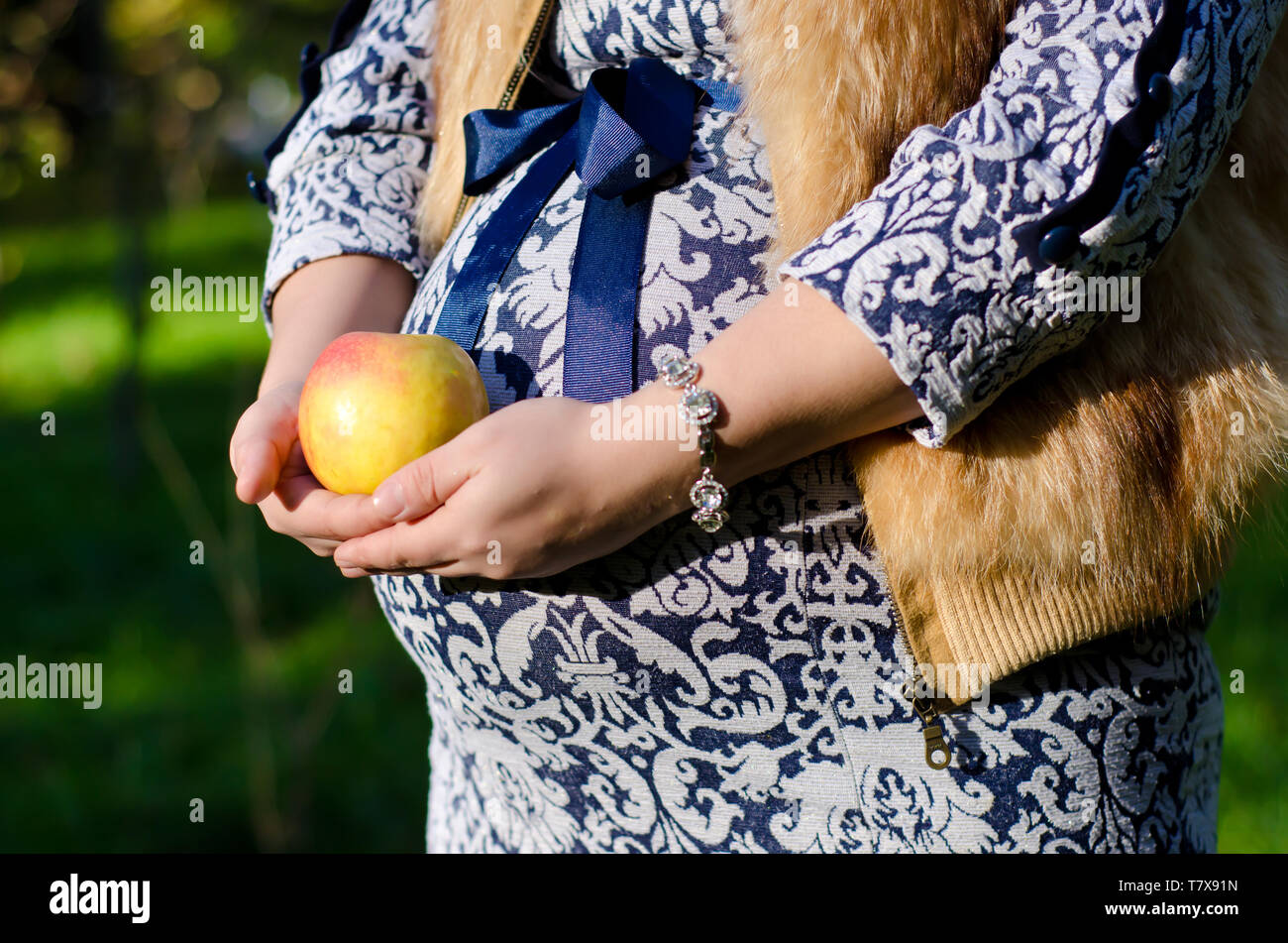 pregnant woman in blue dress holds a round yellow apple Stock Photo