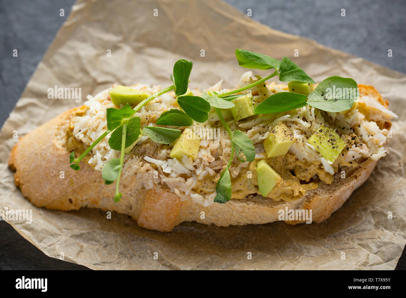 An open sandwich made from the brown and white meat of a spider crab caught in a drop net that had been lowered off a pier in Dorset. The brown meat h Stock Photo