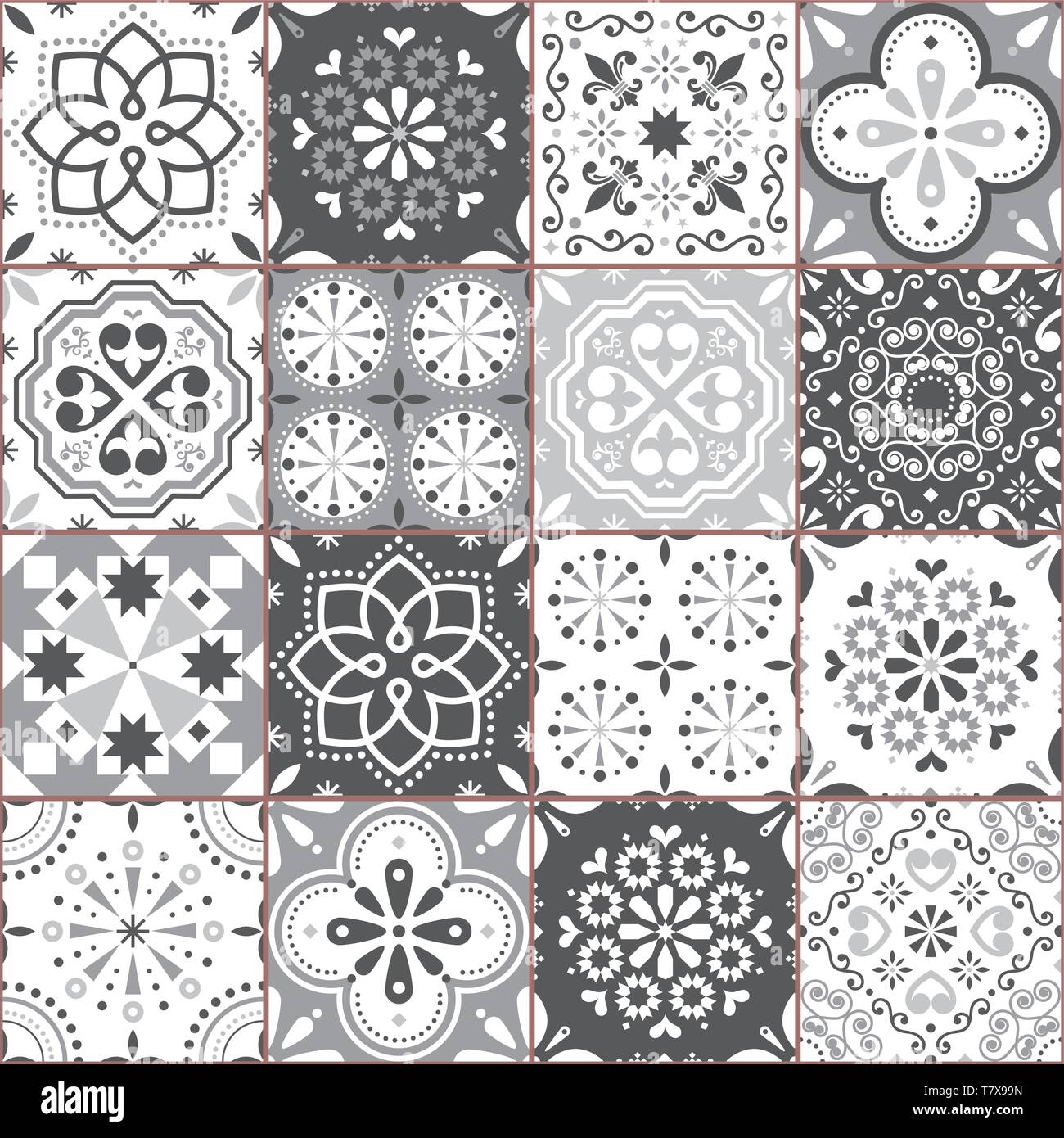 Lisbon Azujelo vector seamless tiles design - Portuguese retro gray pattern, tile big collection Stock Vector