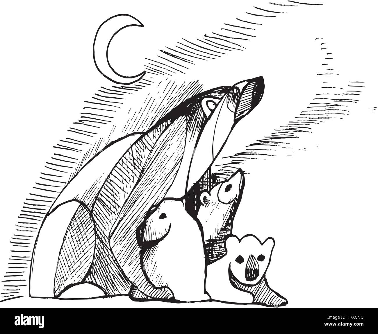 Black white picture of polar bears. Northern lights and the moon. Stock Vector