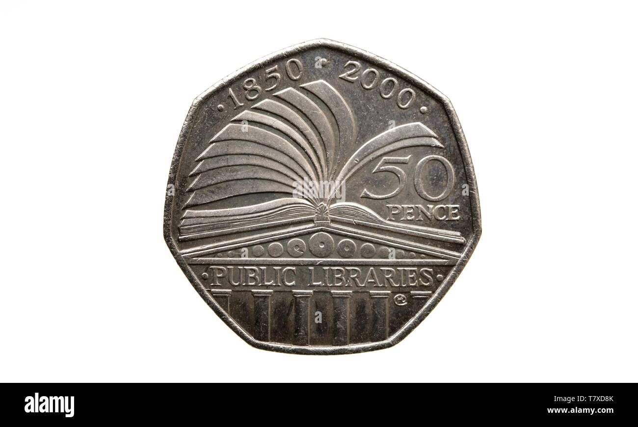 50 pence piece,fifty pence piece,150th Anniversary, Public Libraries Act 1850, Stock Photo