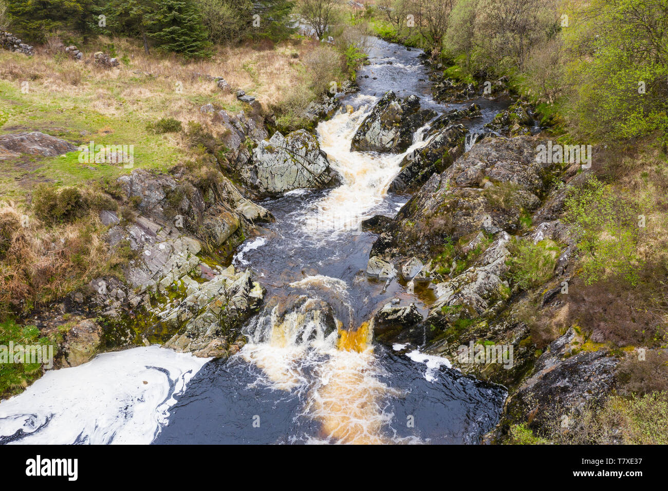 Drone aerial shot of Pool Ness waterfall, Big Water of Fleet, near Gatehouse of Fleet, Dumfries & Galloway, Scotland Stock Photo