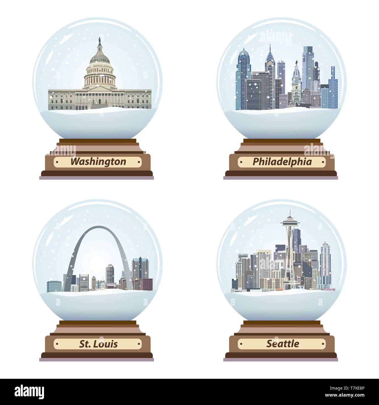 vector set of snow globes with United States city skylines inside Stock Vector