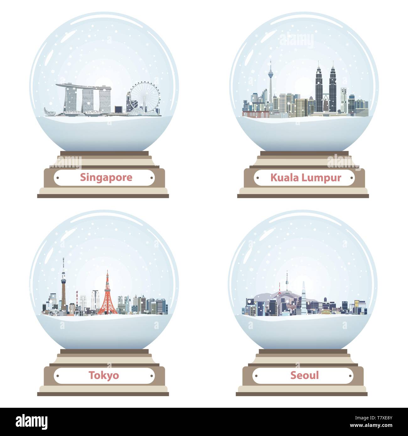 collection of snow globes with Singapore, Kuala Lumpur, Tokyo and Seoul