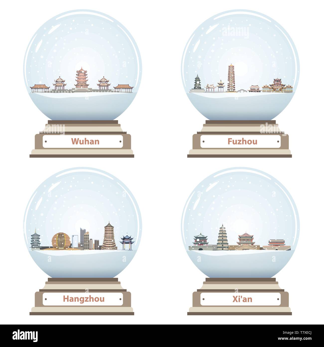 vector snow globes with abstract chinese city skylines inside Stock Vector