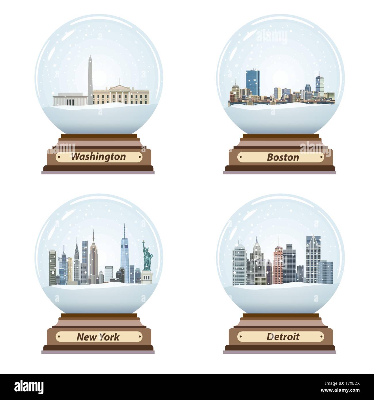 vector set of snow globes with United States city skylines inside Stock Vector