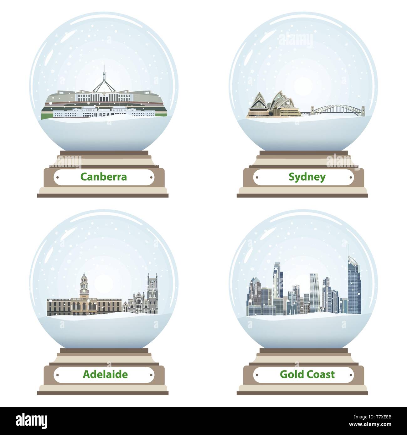 vector collection of snow globes with australian city skylines inside Stock Vector