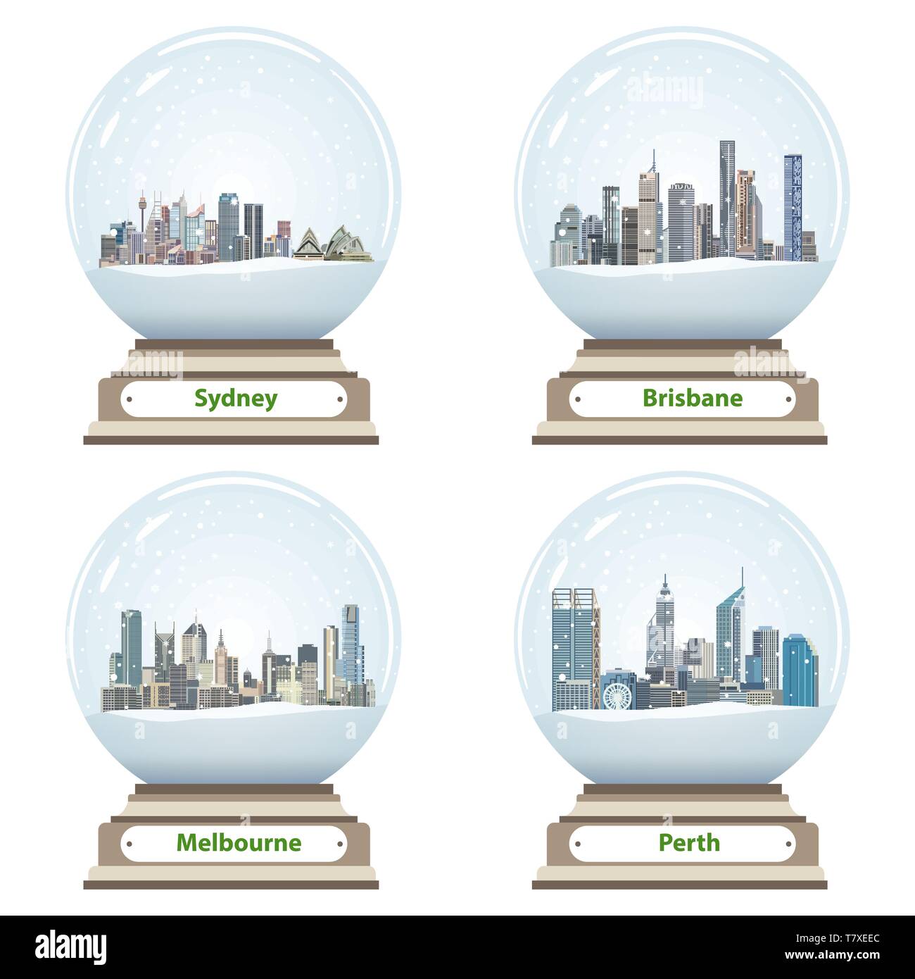 vector collection of snow globes with australian city skylines inside Stock Vector