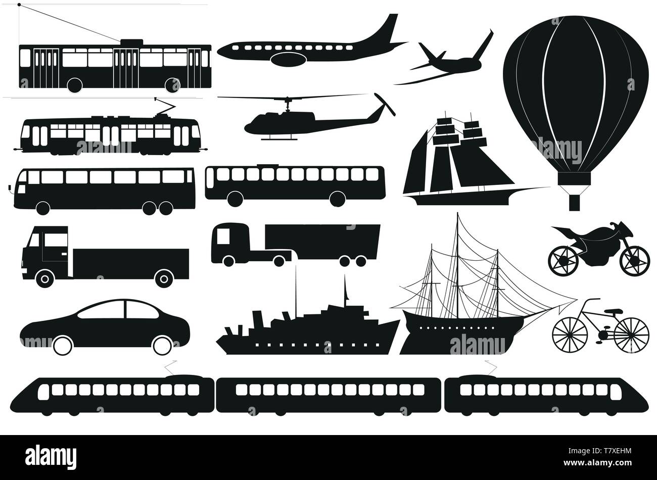 vector set of isolated transport vehicles silhouettes Stock Vector