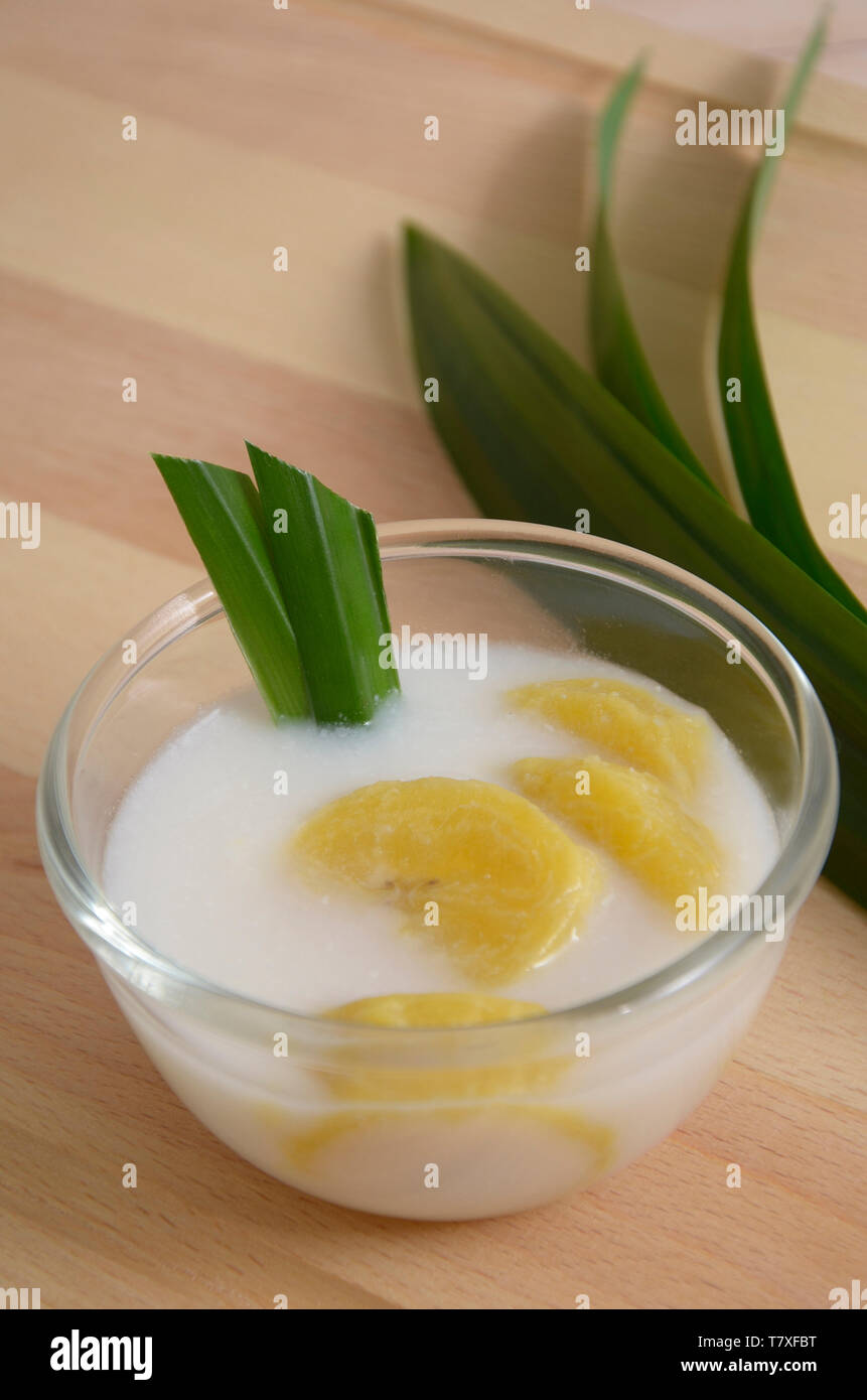 Kolak Pisang,Indonesian food. Banana boil with coconut milk and sugar or palm sugar Stock Photo