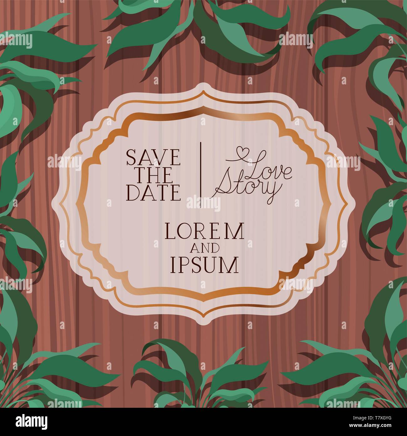 love story frame with leafs in wooden background Stock Vector Image ...